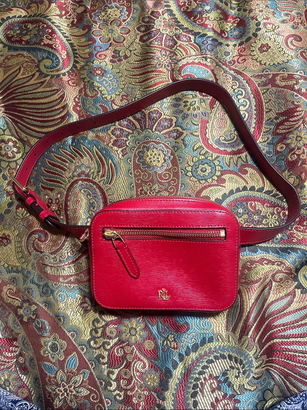 Lauren Ralph Lauren Red Leather Crossbody Belt Bag with Gold Hardware